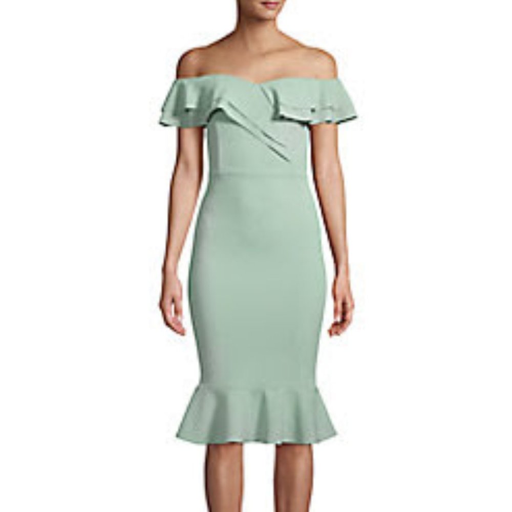 QUIZ  Bardot Double Frill Flare Dress Color: GREEN Size: 8